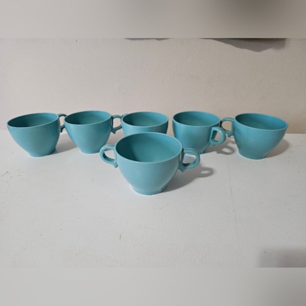 Vintage Melmac Melamine Dinnerware Plastic Aqua Blue cups Set of 6